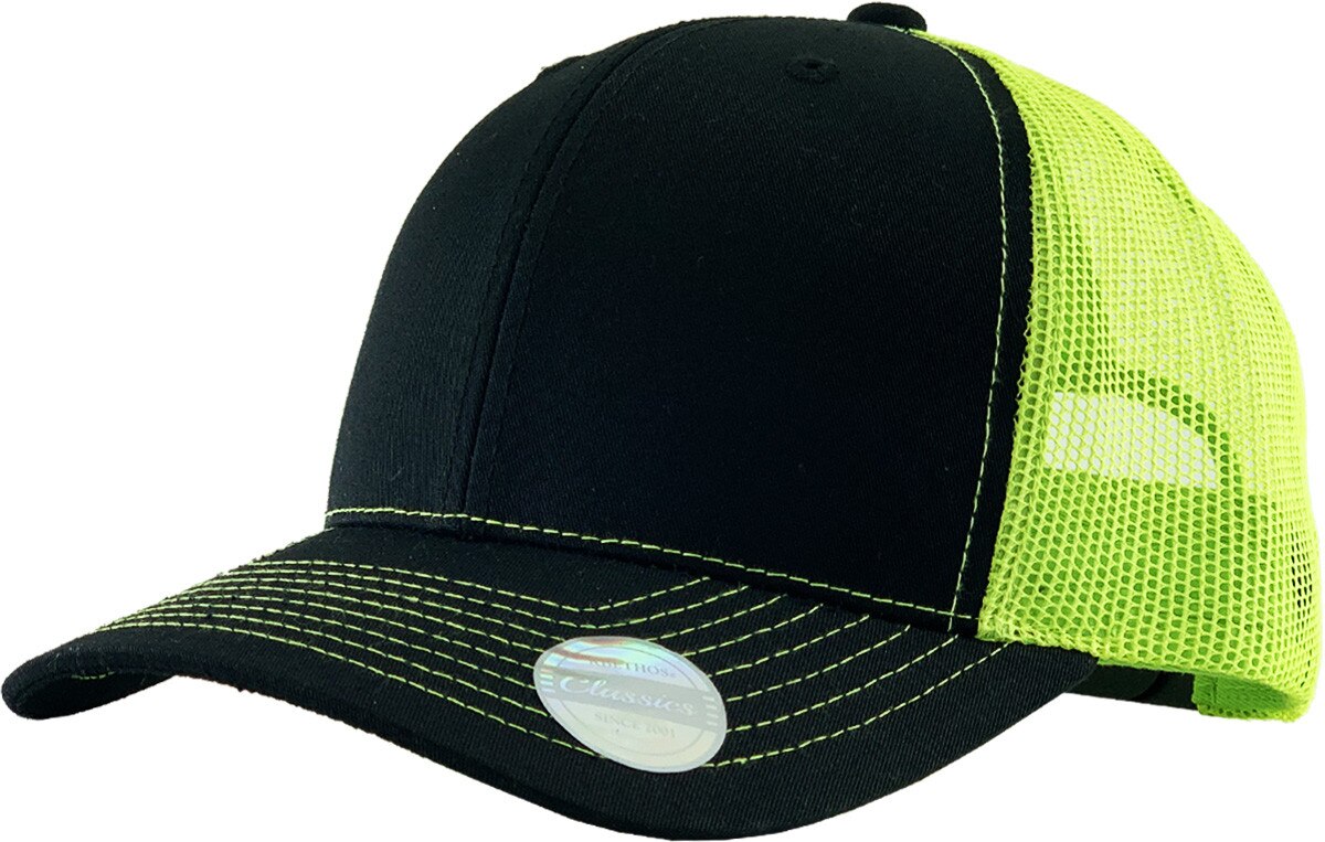 Black Neon Lime Two Tone Classic 6 Panel Trucker Mesh Snapback Front Side View